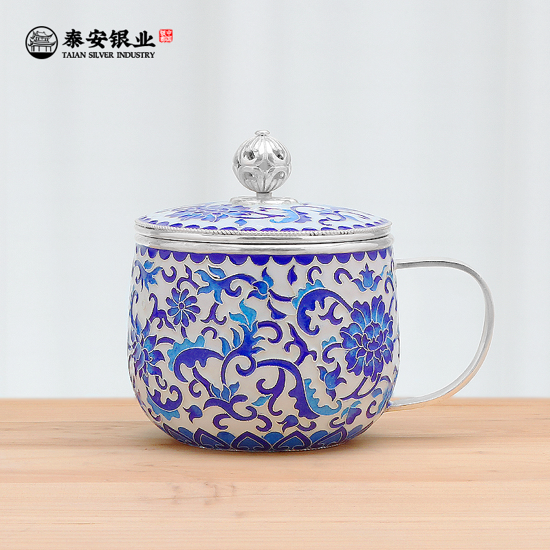 Small silver cup 999 Jingtai blue hand - crafted Mark cup green blue cup Kung fu tea set