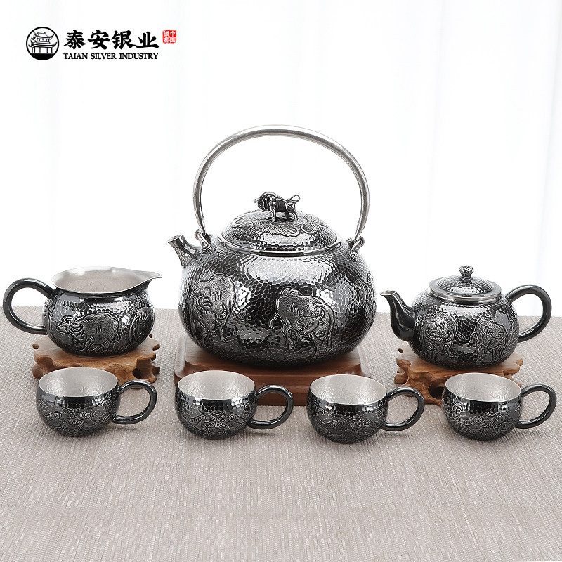 Tai'an Silver Sterling Silver Pot 999 Sterling Silver Five Bull Figure Kettle Kung Fu Tea Set Japanese Silver Pot Household