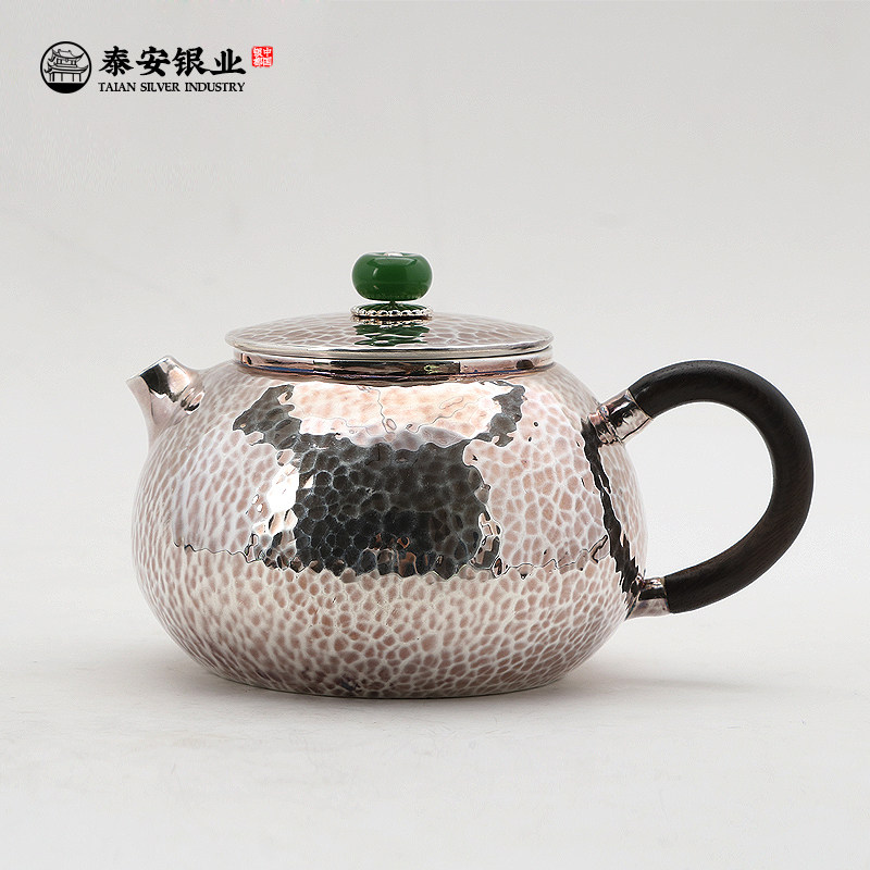 Tai'an silver industry pure silver 999 pure silver tea tea pot handmade emerald ice striped foot silver silver pot wood handle utilty tea furniture