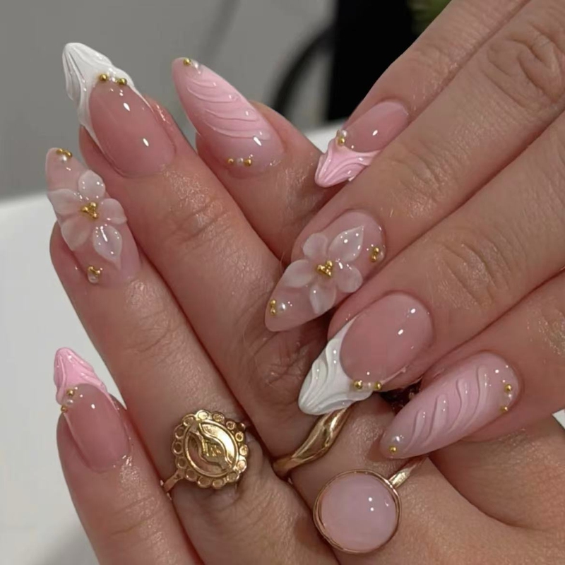Handmade Press-On Nails, European and American Floral Style, New Ice Flower Three-Dimensional Carving, ins High-End Detachable Nail Art, Brightening Effect with Studs