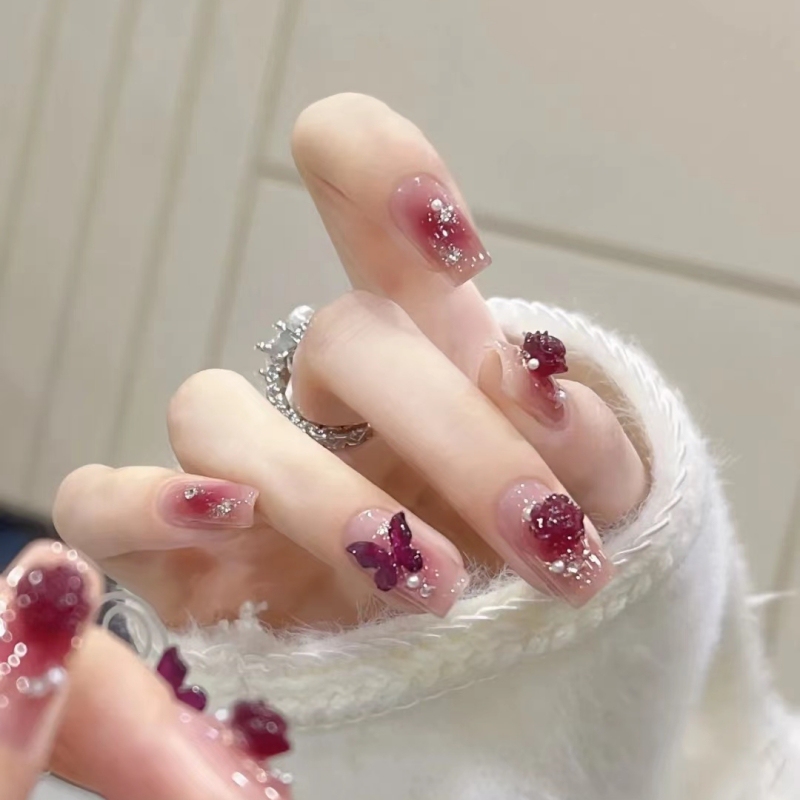 Black Plum Sauce Handmade Nail Art Ice-Clear Red Camellia Brightening Wearable Nails Reusable Nail Patches Black Plum Sauce Handmade Nail Art Ice-Clear Red Camellia Brightening Wearable Nails Reusable Nail Patches