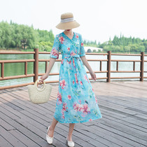  2021 summer new high-end temperament V-neck ramie dress female thin loose printed over-the-knee cotton and linen long skirt