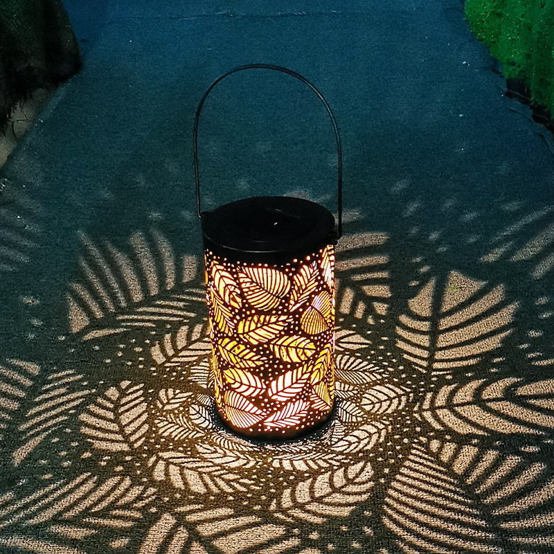 Solar small night light outdoor waterproof courtyard light garden straw terrace light balcony decorated hollowed-out leaves light and shadow hanging lamp