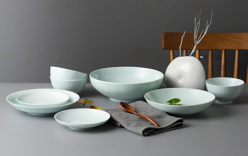 Jingdezhen shadow celadon tableware suit ceramic dishes suit household chopsticks Chinese bowl lotus open BingDi plate