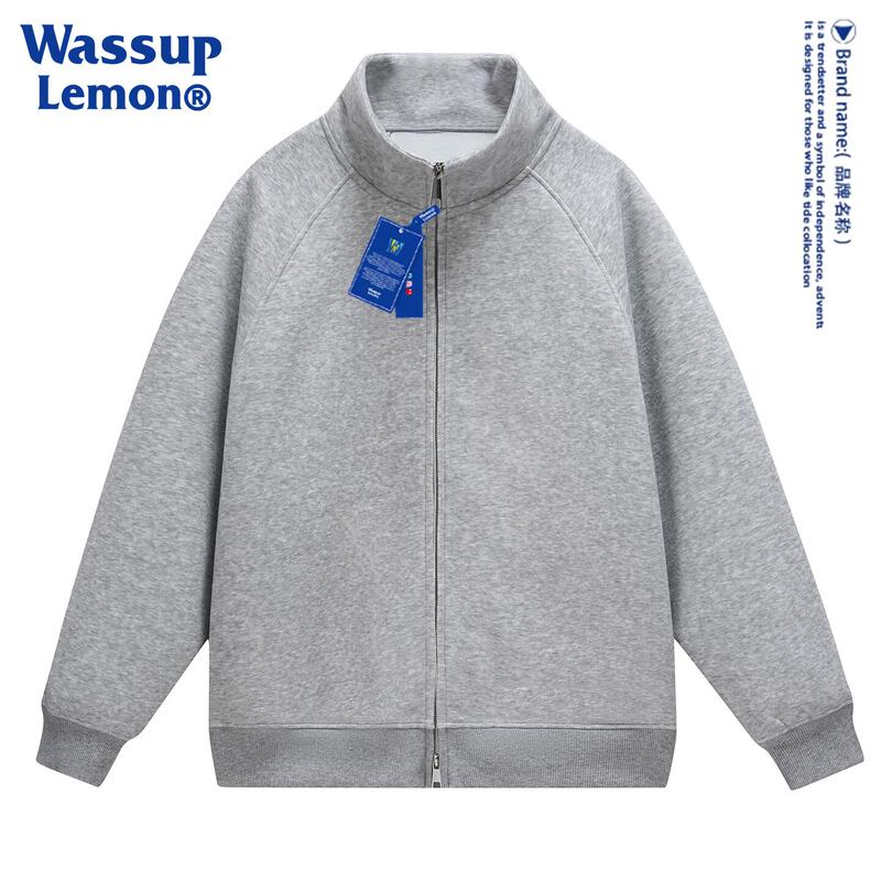 Wassup Lemon Heavyweight Stand-Up Collar Cardigan Sweatshirt for Men and Women, Autumn and Winter Solid Color Zipper Student Jacket, Couple Style