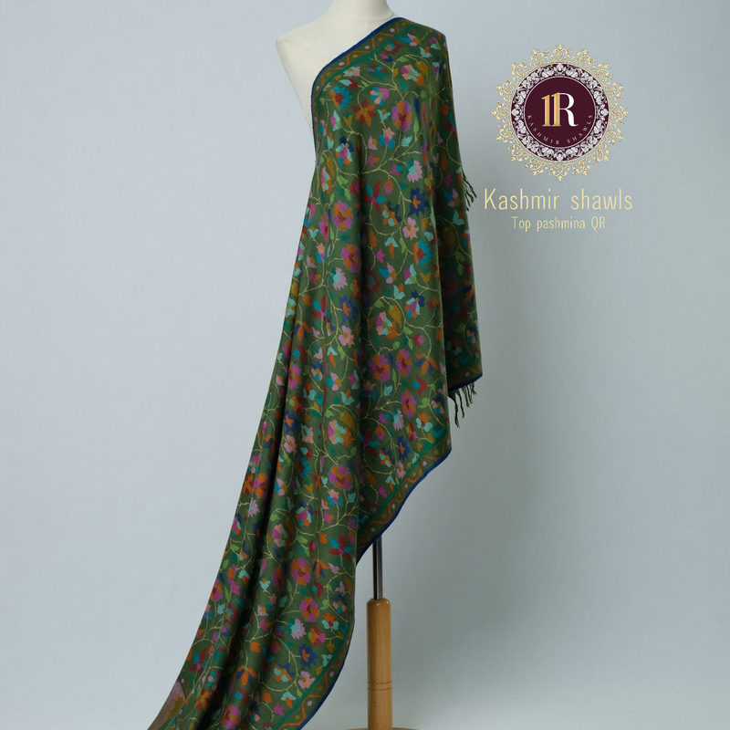 11R Kashmir Qr Certified 70 Size Finely Woven Emerald Green Camellia Kani Handmade Shawl