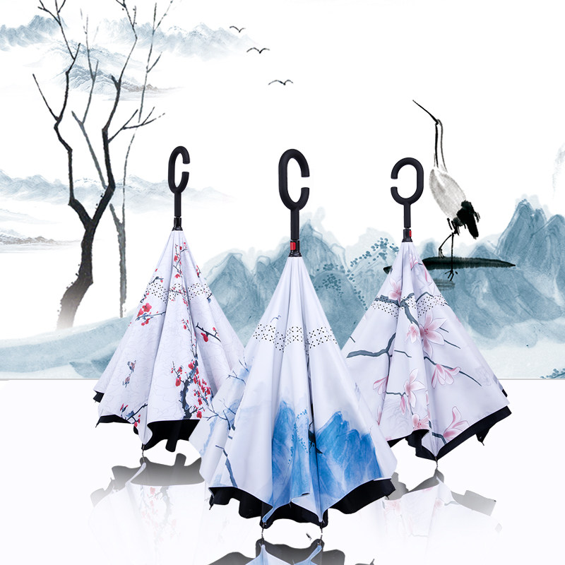 China Wind Fairy Crane Reverse Umbrella Clear Rain Dual-use Black Glue Female Umbrella Double Layer Free car Long handle umbrella shading umbrella