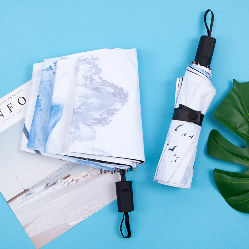 China Wind and art ink painting Xianghe 10 bone clear umbrella dual-use double black rubber female triple-folded sunshade sunscreen