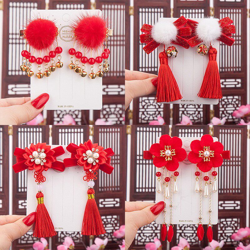 Chinese style children's new year headdress girls Chinese New Year Hanfu ancient style hairpin red princess head flower girl baby hair accessories