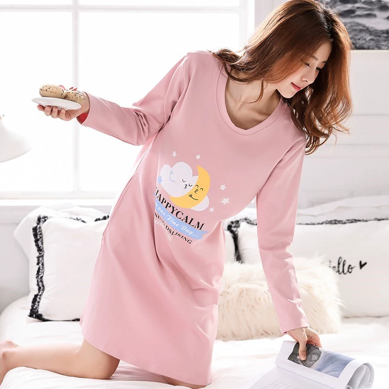 Váy ngủ dài tay nữ mùa xuân và mùa thu dài cotton phiên bản Hàn Quốc của phong cách cung điện đồ ngủ công chúa váy cotton rời - Đêm đầm