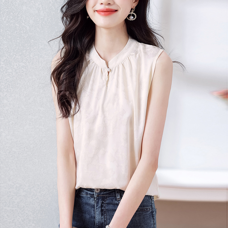 French-Style Fashion Sleeveless Satin Blouse for Women, Round Neck, Summer Thin Outerwear, Cut-Sleeve Chiffon Shirt Top