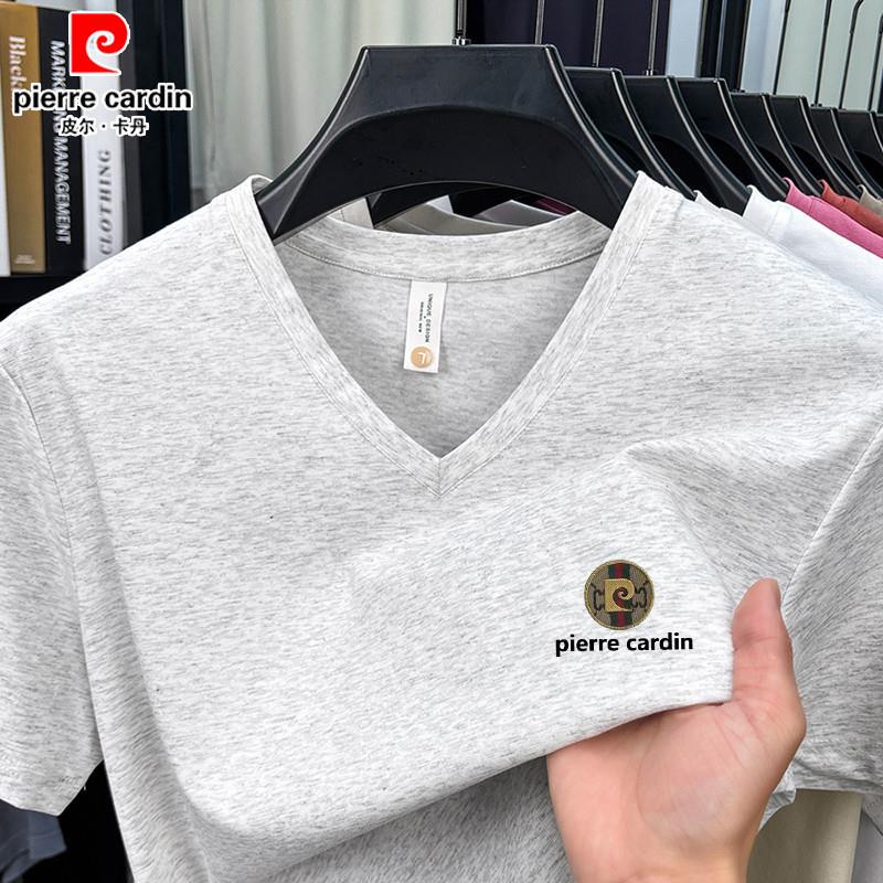 Pierre Cardin High-End Pure Cotton V-Neck Short-Sleeved T-Shirt for Men, Summer Loose Casual Solid Color Sweetheart Collar Half-Sleeve Top
