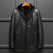  Fur one-piece mens medium and long hooded mink liner first layer cowhide leather leather mens casual windbreaker jacket