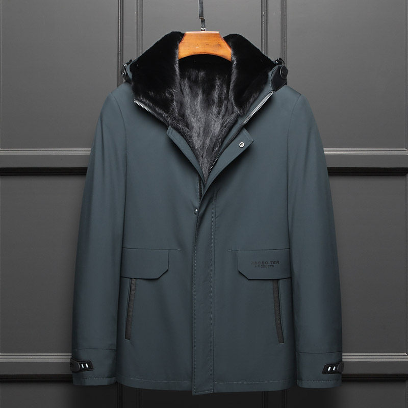 Pike men's short hooded middle-aged and elderly whole mink liner coat, leather and wool integrated business casual jacket winter