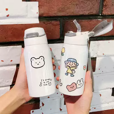 With straw thermos cup students simple and fresh forest cartoon children Girl heart ins cute portable water Cup