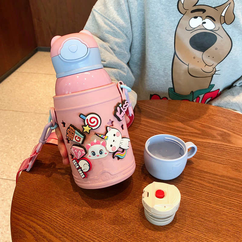 Insulation cup children's straw cup pupils cartoon kindergarten baby drinking cup female cute portable with cup