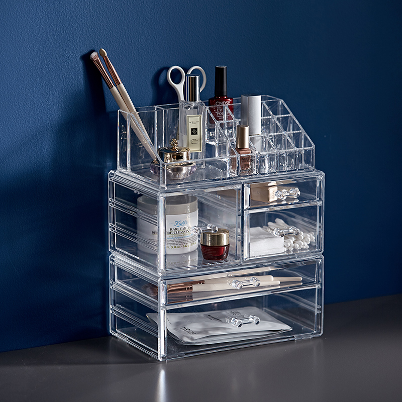 Desktop Cosmetics Containing Box Transparent Drawer Opening Red Brush Box Dust-Proof Acrylic Makeup Table Finishing Racks