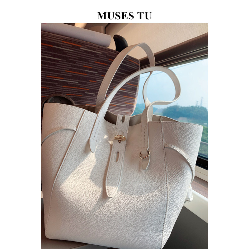 First layer cowhide leather tote bag large-capacity commuter large bag shopping bag hand-held one-shoulder bucket bag high-end women