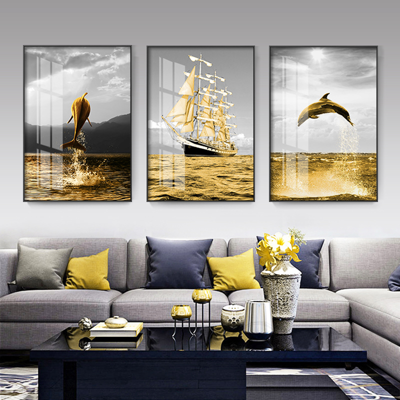 客間装飾画現代簡単ソファーの背景壁三連壁画1