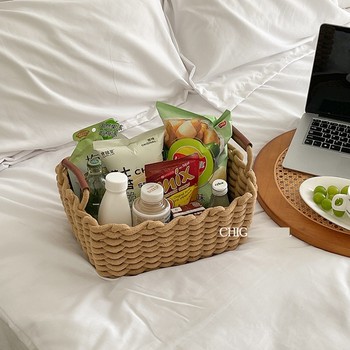Japanese desktop storage basket cotton rope braided cosmetics storage box ins style snack grocery basket with handle
