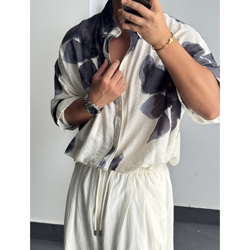 Lu Xingjia [Ink Shadow Flower Affairs] High-End Light Luxury Men's Shirt Summer Vintage Casual Loose C391