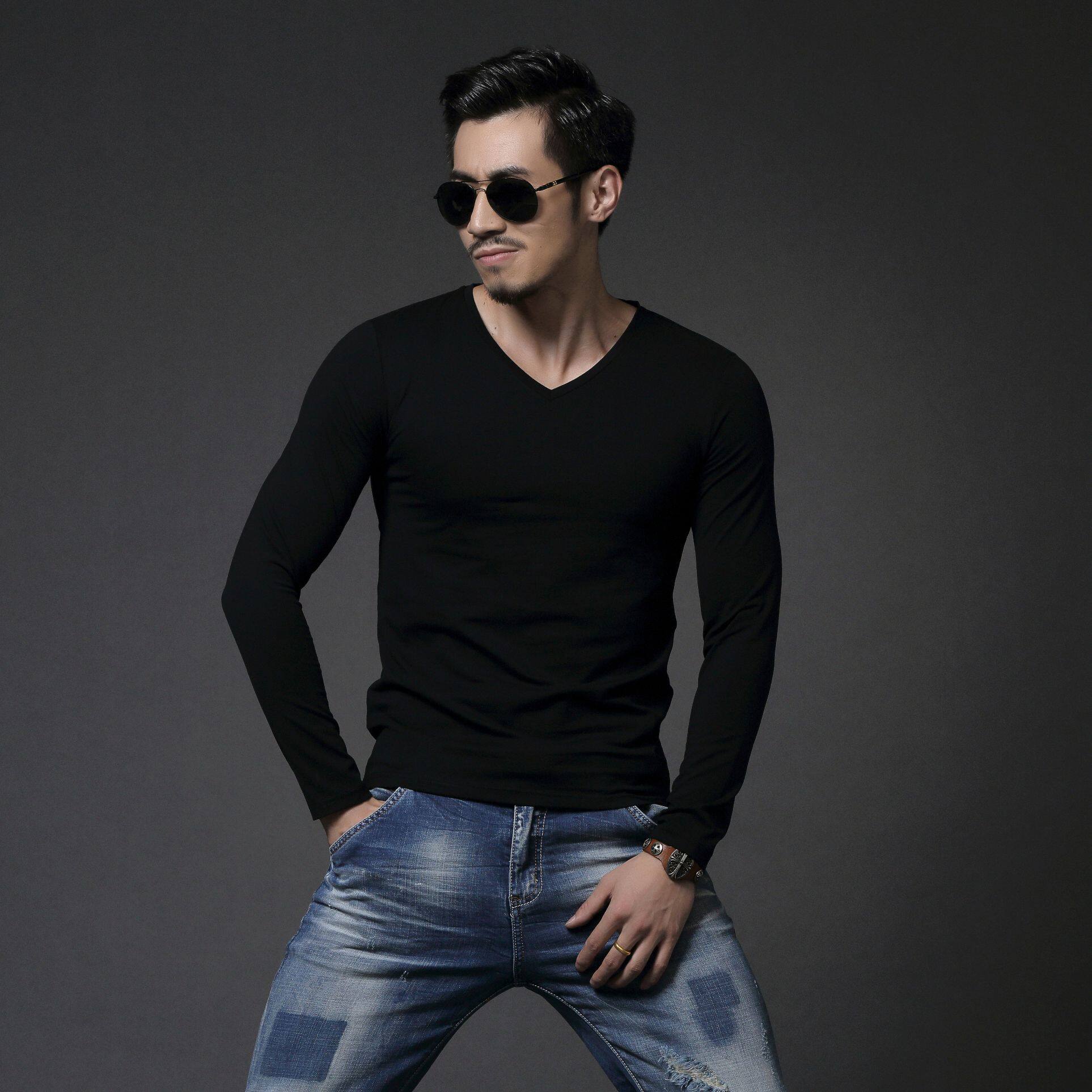 Men's long sleeves T-shirt 2020 Spring autumn new V collar elastic tight movement All cotton Nets for undershirt body blouses