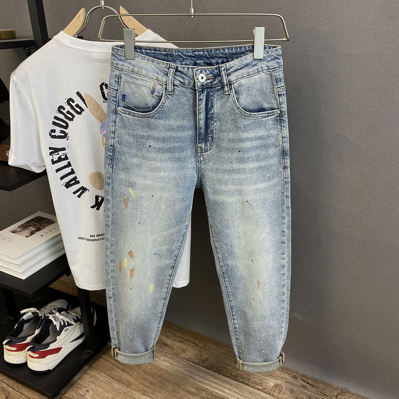 2026 Spring/Summer Korean Style Men's Denim Cropped Pants Trendy Brand Embroidered Cool Paint-Splattered Slim Fit Harem Pants