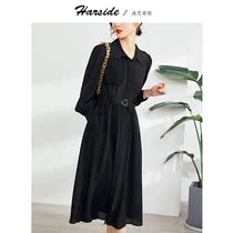 Style elegant mulberry silk long sleeve dress 2022 spring dress new collection waist display slim temperament true silk long dress black