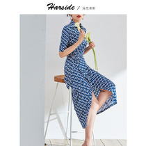 HARSIDE dress womens V-neck long lace-up high waist slim wrap dress blue print dress