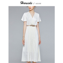 Fa-style one-piece dress Summer 2022 new ladies elegant mid-length V collar white superior Elegant Dress Big Hem Dress