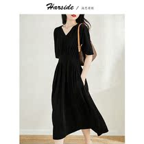 Small crowd light and luxurious with chamber tone V collar pleats cashew slim superior sensual dress Womens summer light slim fit long dress