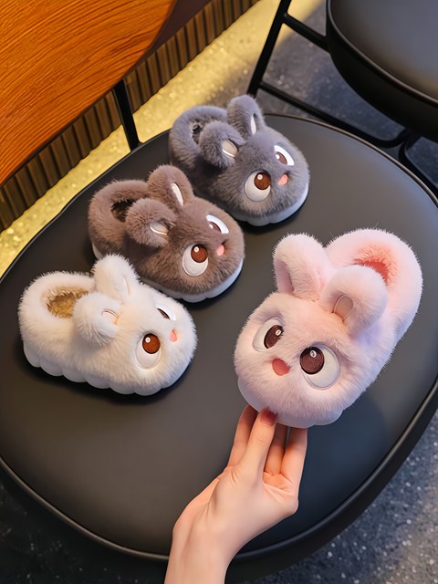 Children's Cotton Slippers for Girls, Winter Cute Rabbit Design, Warm and Fleece-Lined, Parent-Child Matching, Boys' Non-Slip Baby Cotton Shoes, Furry Shoes