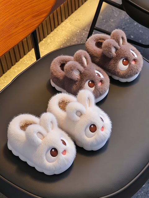 Children's Cotton Slippers for Girls, Winter Cute Rabbit Design, Warm and Fleece-Lined, Parent-Child Matching, Boys' Non-Slip Baby Cotton Shoes, Furry Shoes