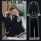 Пижама, осенний летний тонкий черный лонгслив, в стиле Шанель, оверсайз