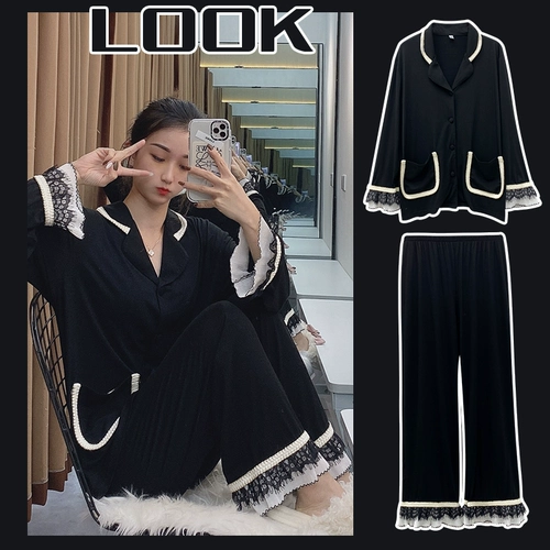 Пижама, осенний летний тонкий черный лонгслив, в стиле Шанель, оверсайз