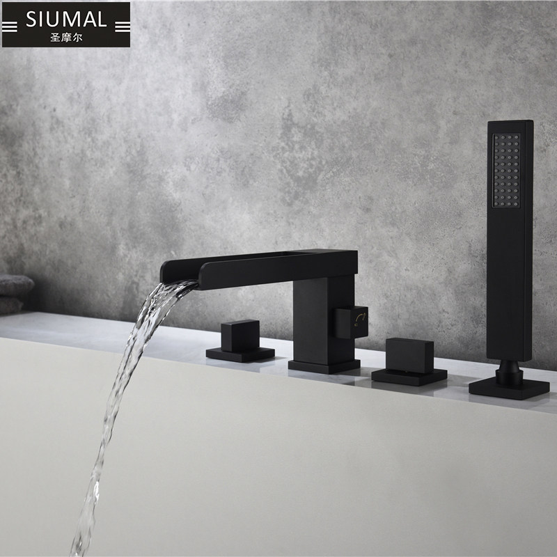 Bathroom hot and cold water cylinder side shower shower full copper black rotatable three-hole four-hole split sitting bathtub faucet