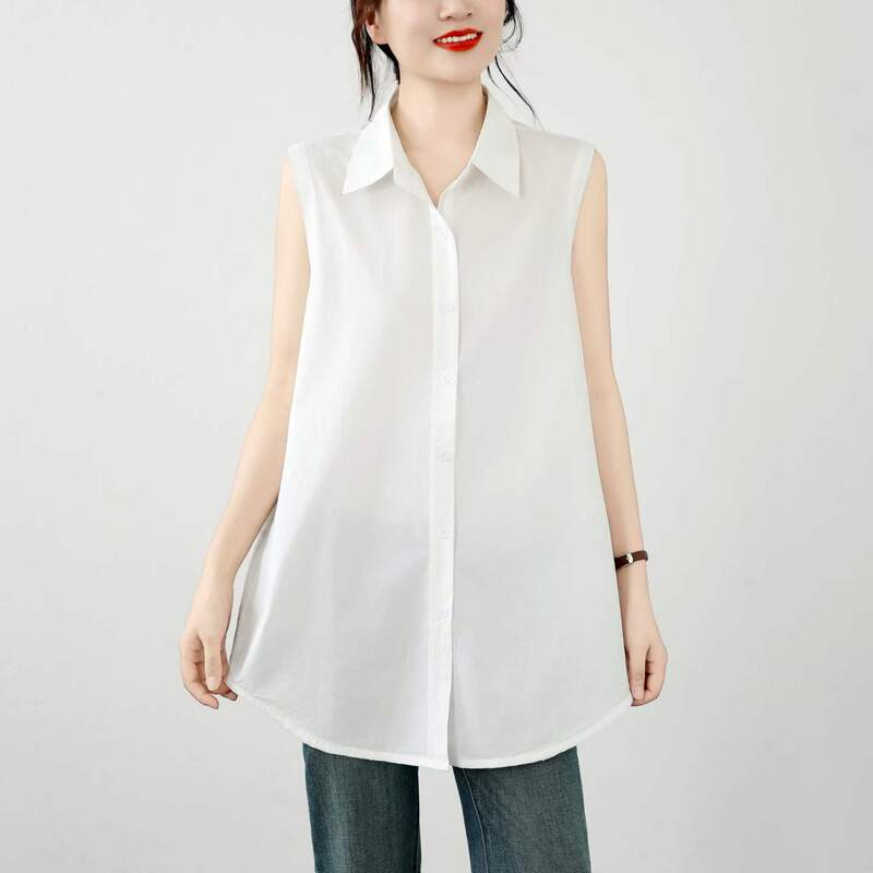 French-Style Lapel Sleeveless Shirt for Women, White, Loose, Versatile, High-End, Age-Reducing Top, Mid-Length, Simple Shirt