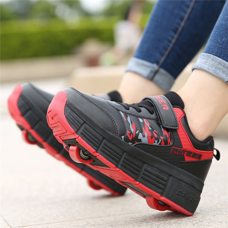 Deformation Storm Shoeshoe Male And Female Children Double Wheels Automatic Invisible Pulley Shoes Student Adults Burst Into the Skate Net Red