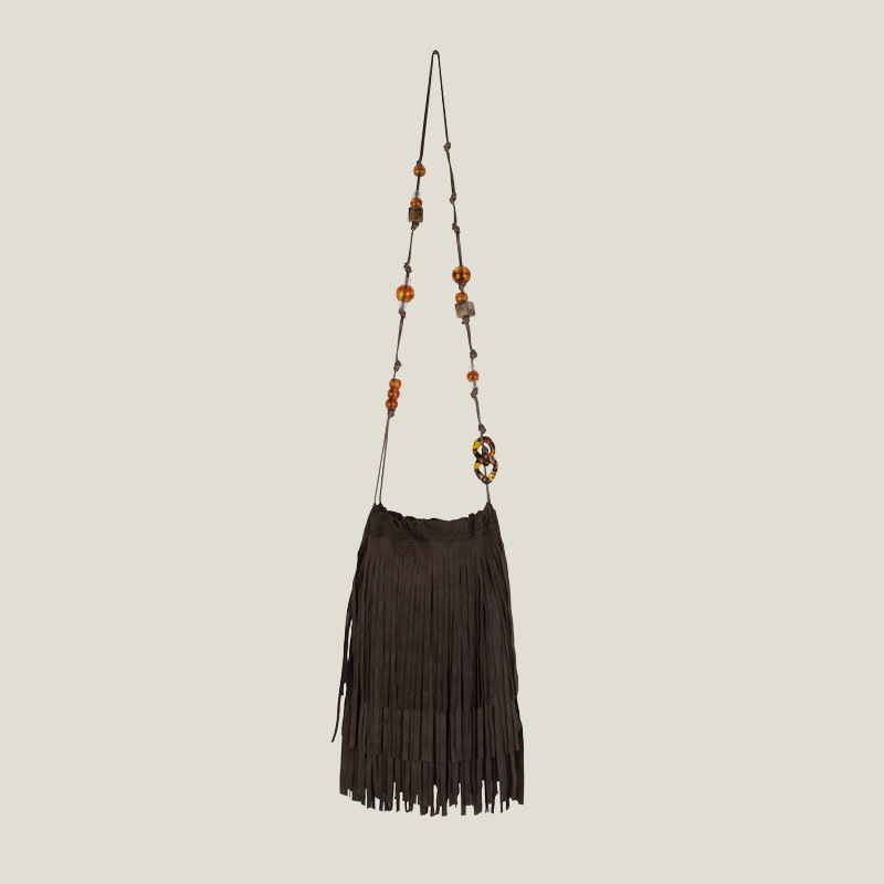 26 Spring/Summer New Niche Design Beaded Drawstring Suede Tassel Crossbody Bag Vintage Versatile Shoulder Bag for Women Large