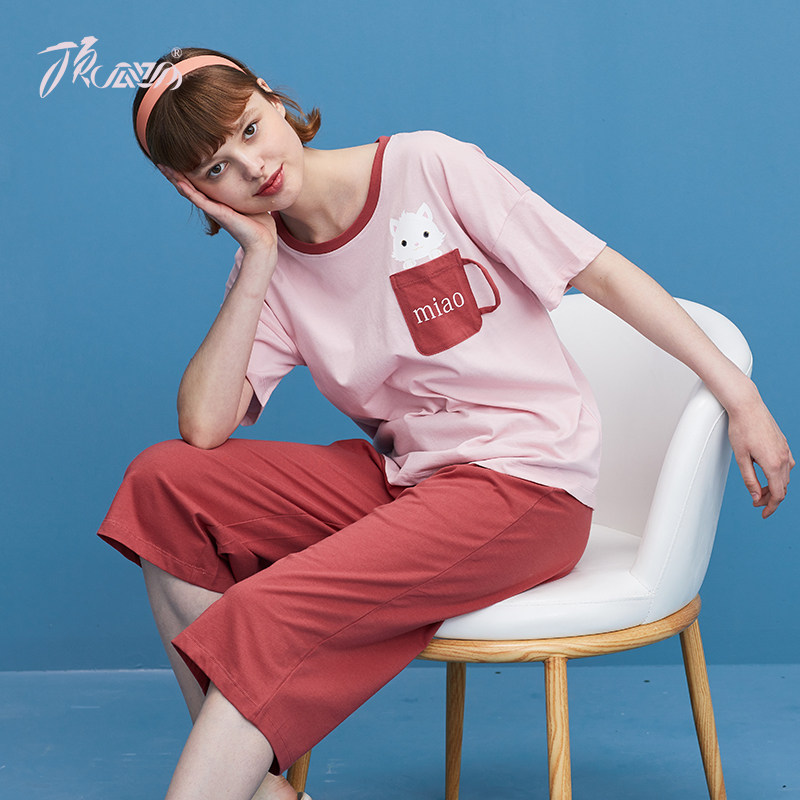 Top melon pajamas female Xia pure cotton short sleeve seven-minute pants new cute cartoon loose student home suit
