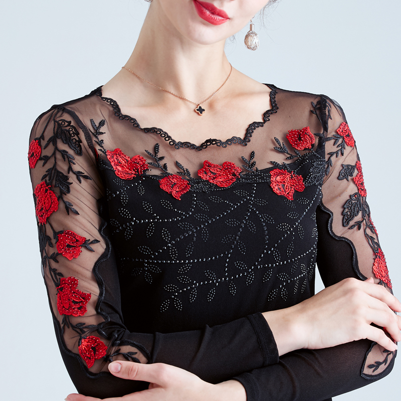 Fashionable Lace Embroidered Mesh Bottoming Shirt for Women, Spring & Fall Inner Wear, Long-Sleeved T-Shirt, Classical Dance Top, Stylish Top