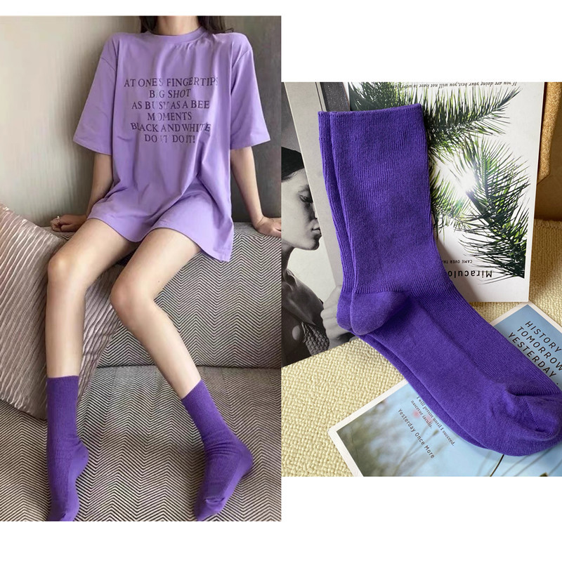 Autumn Purple Socks for Women, Korean Imported Solid Color Mid-Calf Socks, Japanese Style Thin Striped Versatile All-Season Slouch Socks