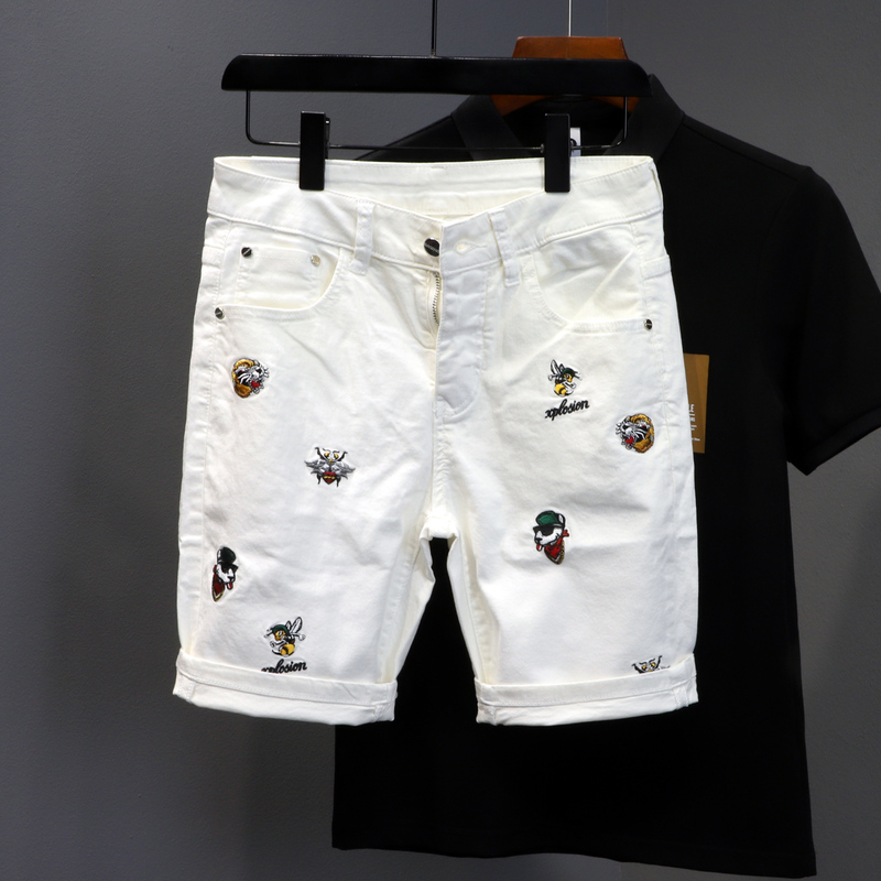 Summer New Style All-Over Embroidered White Denim Shorts for Men, High-End Light Luxury, Stretchy, Slim-Fit, Trendy Brand Casual Five-Point Shorts