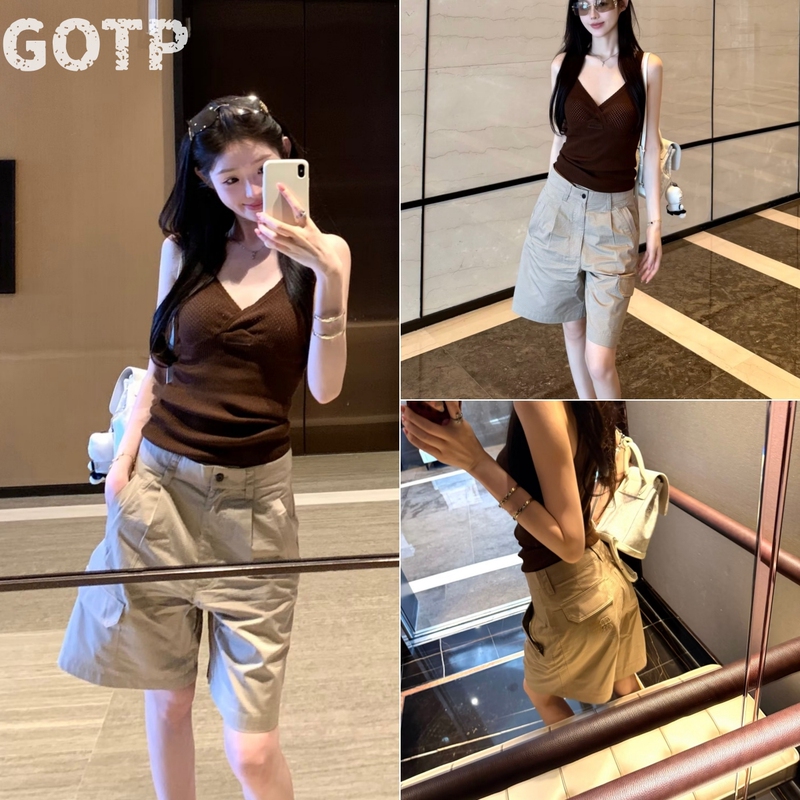Gotp Shenzhen Nanyou Export Version 26Ss Versatile Age-Reducing Plaid Cargo Shorts Dark Brown Suspender Shorts for Women