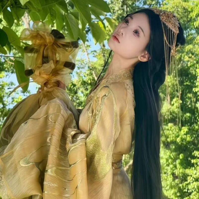 Wei and Jin Dynasty Style Hanfu Women's Straight Gown, Warring States Robe with Intricate Embroidery, Large Sleeves and Trailing Hem, Ancient Costume for Adult Women, Golden Wide-Sleeve Set Wei and Jin Dynasty Style Hanfu Women's Straight Gown, Warring States Robe with Intricate Embroidery, Large Sleeves and Trailing Hem, Ancient Costume for Adult Women, Golden Wide-Sleeve Set