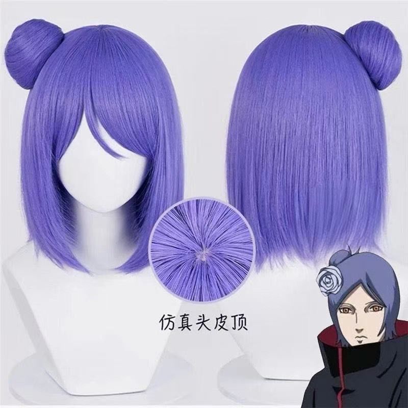 Naruto Konan Cosplay Wig, Purple Silicone Short Style, Realistic Hair with Scalp-Like Bangs