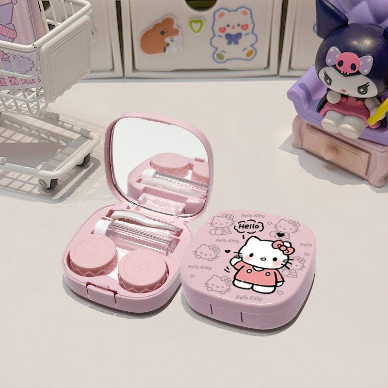 Compact Portable Cartoon Kitty Cat and Pacha Dog Contact Lens Case with Mirror for Men and Women