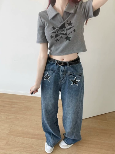 pinksavior [Звездный аромат перхоти] Лето Simple Little Kai Star Print American Retro Girl с коротким рукавом с коротким рукавом