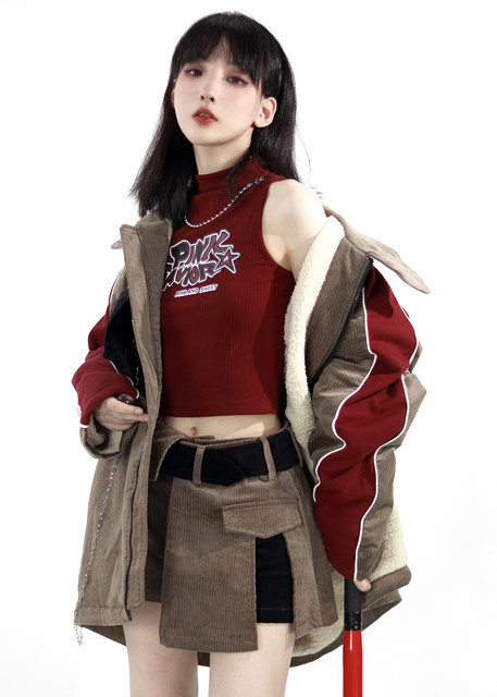 Spot pinksavior khaki corduroy splicing slim skirt trousers sweatshirt collection set