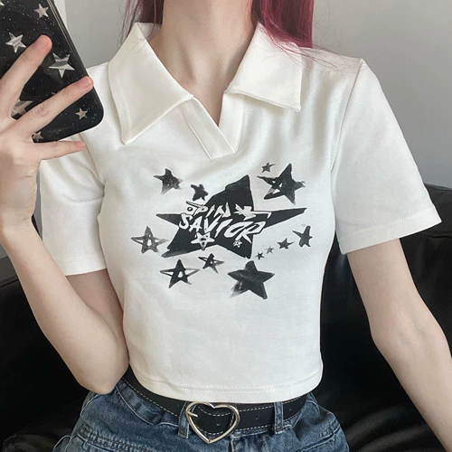 pinksavior [Звездный аромат перхоти] Лето Simple Little Kai Star Print American Retro Girl с коротким рукавом с коротким рукавом